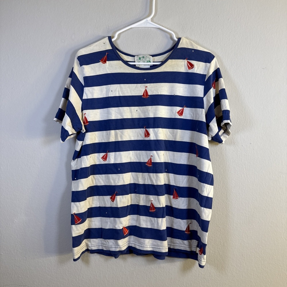 The Quacker Factory Womens Shirt L Nautical Sailboat Blue Cotton‎ Coastal Stains